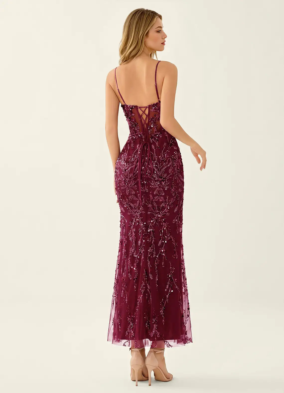 Burgundy Sequin Mesh Mermaid Sweetheart Lace-Up Back Ankle-Length Dress Back View - Aabei Dress