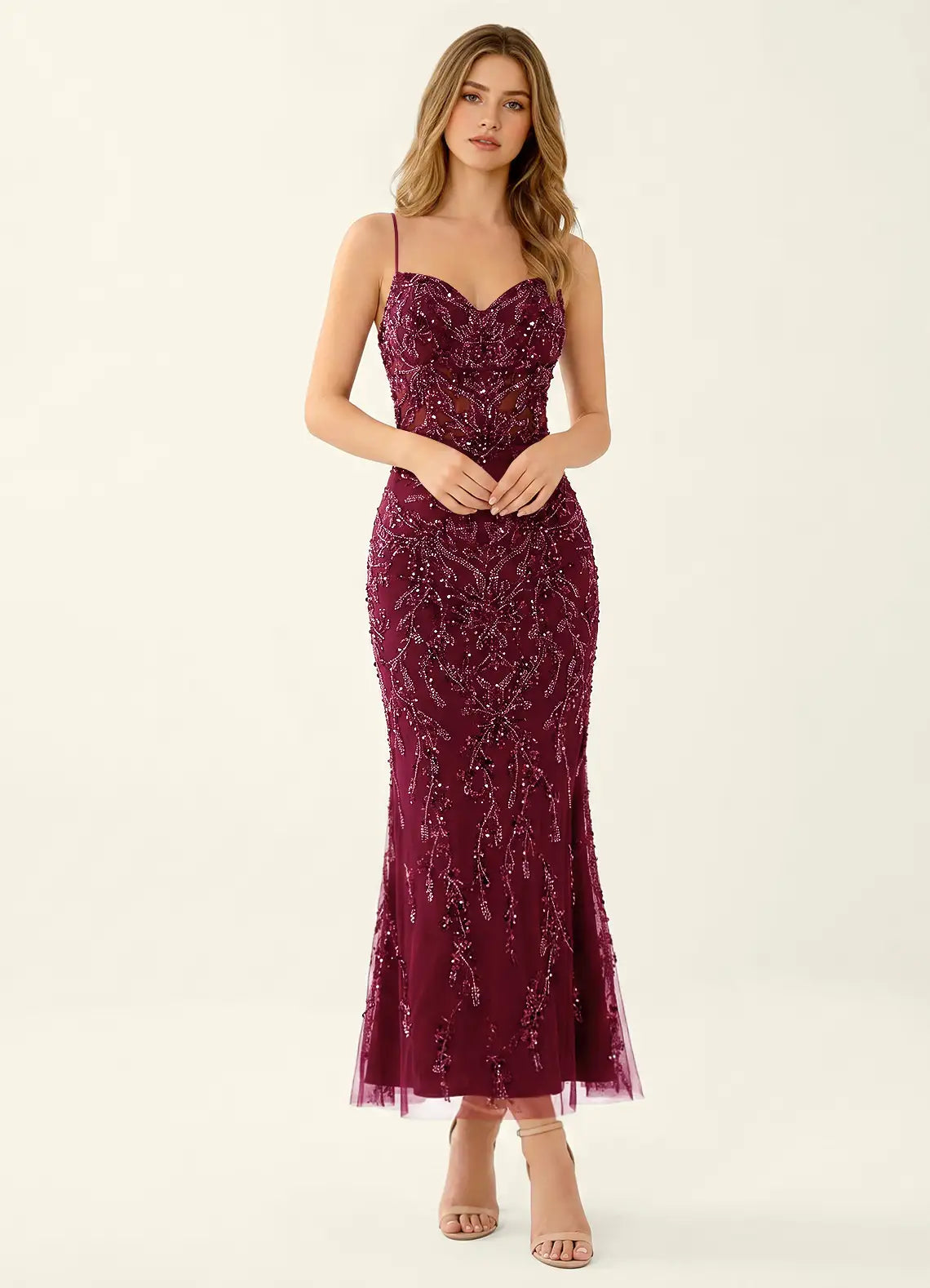 Burgundy Sequin Mesh Mermaid Sweetheart Lace-Up Back Ankle-Length Dress Front View - Aabei Dress