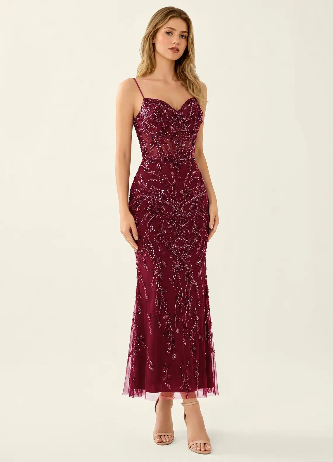 Burgundy Sequin Mesh Mermaid Sweetheart Lace-Up Back Ankle-Length Dress - Aabei Dress