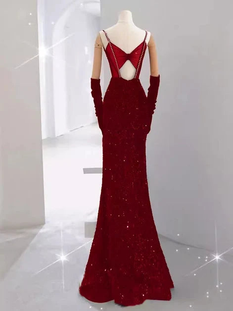 Burgundy Sequin Sheath/column Scoop Neck Keyhole Back Floor-Length Dress Back View - Aabei Dress
