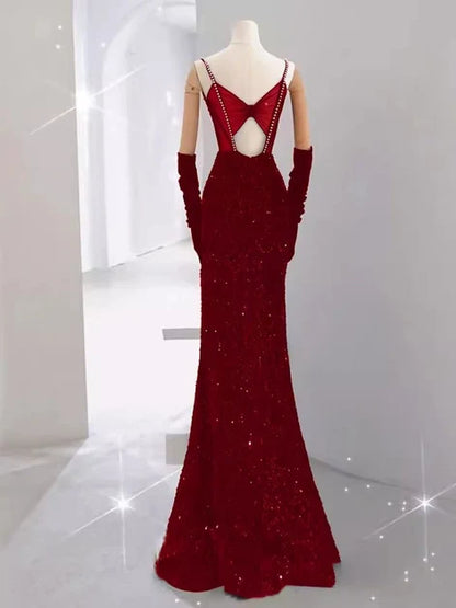 Burgundy Sequin Sheath/column Scoop Neck Keyhole Back Floor-Length Dress Back View - Aabei Dress