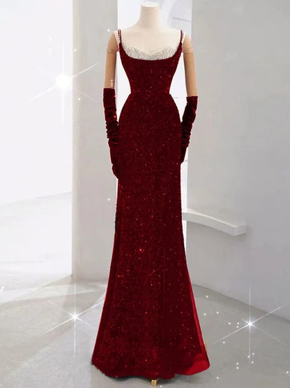 Burgundy Sequin Sheath/column Scoop Neck Keyhole Back Floor-Length Dress Front View - Aabei Dress