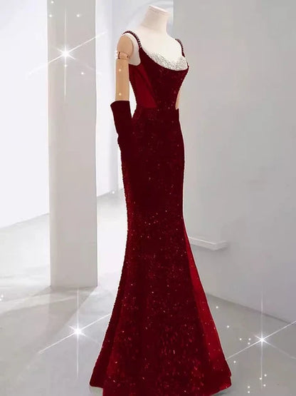 Burgundy Sequin Sheath/column Scoop Neck Keyhole Back Floor-Length Dress - Aabei Dress
