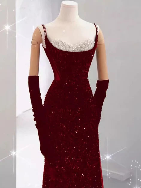 Burgundy Sequin Sheath/column Scoop Neck Keyhole Back Floor-Length Dress - Aabei Dress
