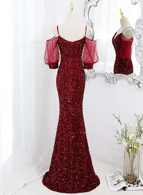 Burgundy Sequin & Tulle Mermaid Plunging V-Neck V-Back Floor-Length Dress Back View - Aabei Dress
