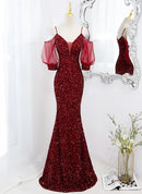 Burgundy Sequin & Tulle Mermaid Plunging V-Neck V-Back Floor-Length Dress Front View - Aabei Dress