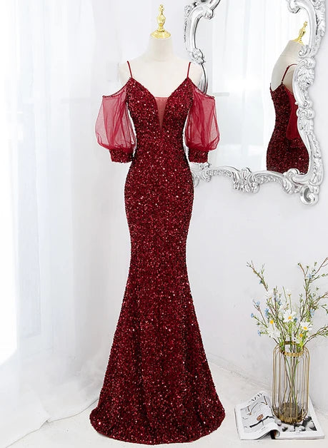 Burgundy Sequin & Tulle Mermaid Plunging V-Neck V-Back Floor-Length Dress Front View - Aabei Dress