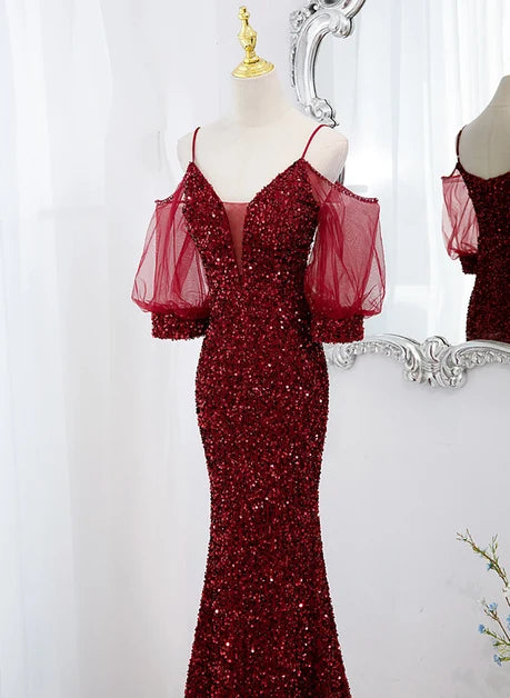 Burgundy Sequin & Tulle Mermaid Plunging V-Neck V-Back Floor-Length Dress - Aabei Dress