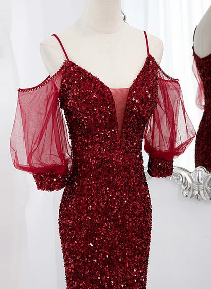 Burgundy Sequin & Tulle Mermaid Plunging V-Neck V-Back Floor-Length Dress - Aabei Dress