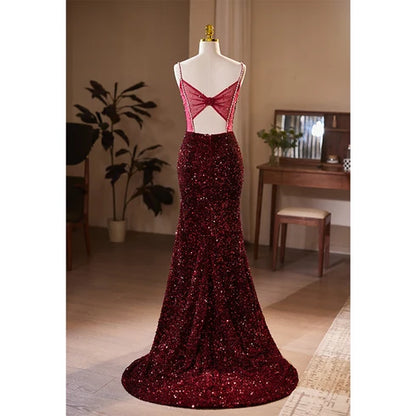 Burgundy Sequin Tulle Mermaid Scoop Neck Open Back Floor Length Dress Back View - Aabei Dress