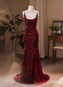Burgundy Sequin Tulle Mermaid Scoop Neck Open Back Floor Length Dress Front View - Aabei Dress