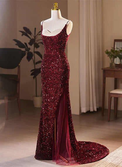 Burgundy Sequin Tulle Mermaid Scoop Neck Open Back Floor Length Dress - Aabei Dress