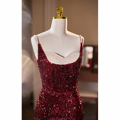 Burgundy Sequin Tulle Mermaid Scoop Neck Open Back Floor Length Dress - Aabei Dress