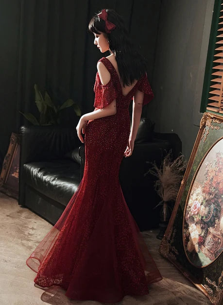 Burgundy Sequin Tulle Mermaid V-Neck V-Back Floor-Length Dress Back View - Aabei Dress