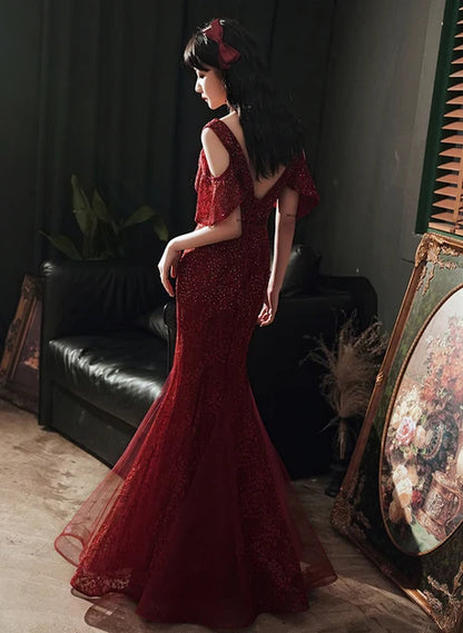 Burgundy Sequin Tulle Mermaid V-Neck V-Back Floor-Length Dress Back View - Aabei Dress