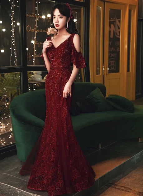 Burgundy Sequin Tulle Mermaid V-Neck V-Back Floor-Length Dress Front View - Aabei Dress