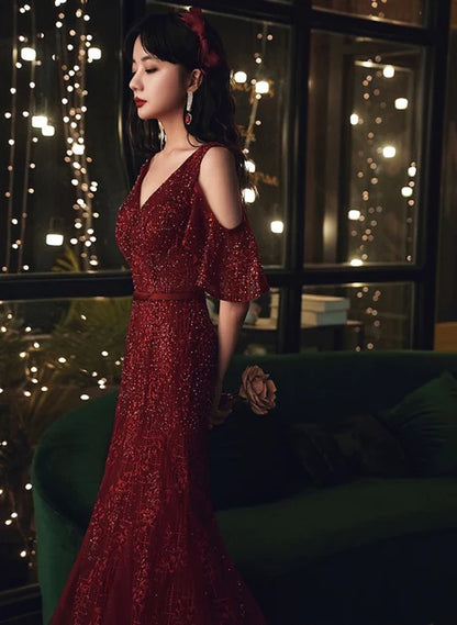 Burgundy Sequin Tulle Mermaid V-Neck V-Back Floor-Length Dress - Aabei Dress