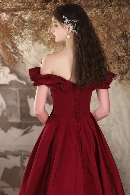Burgundy Taffeta A-Line Off-the-Shoulder Lace-up Floor-Length Dress Back View - Aabei Dress