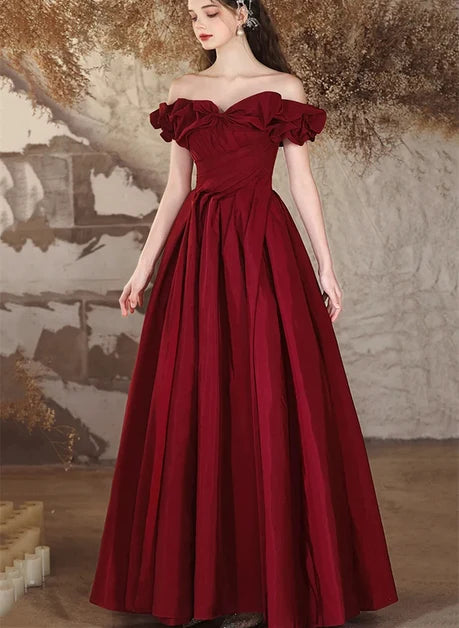 Burgundy Taffeta A-Line Off-the-Shoulder Lace-up Floor-Length Dress Front View - Aabei Dress