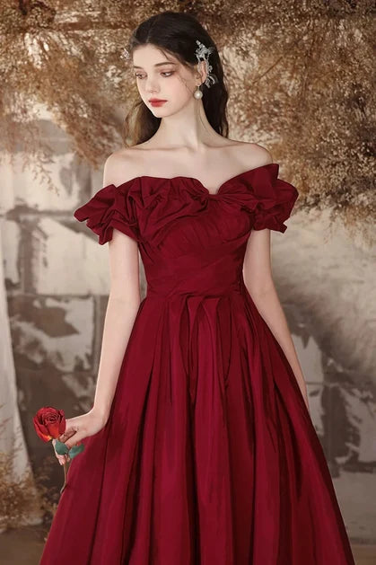Burgundy Taffeta A-Line Off-the-Shoulder Lace-up Floor-Length Dress - Aabei Dress