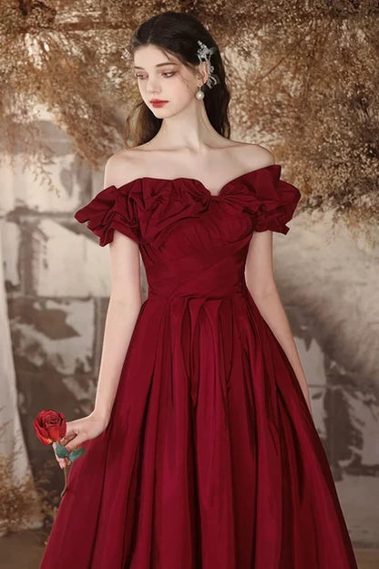 Burgundy Taffeta A-Line Off-the-Shoulder Lace-up Floor-Length Dress - Aabei Dress