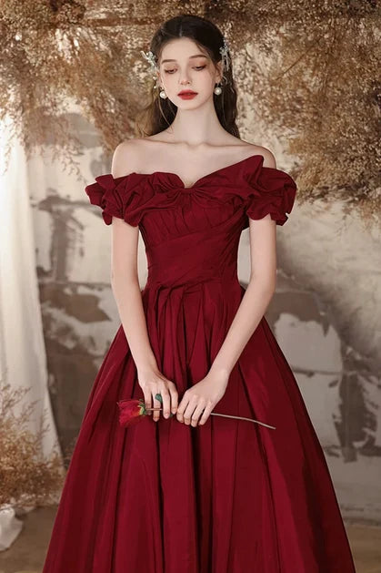 Burgundy Taffeta A-Line Off-the-Shoulder Lace-up Floor-Length Dress - Aabei Dress