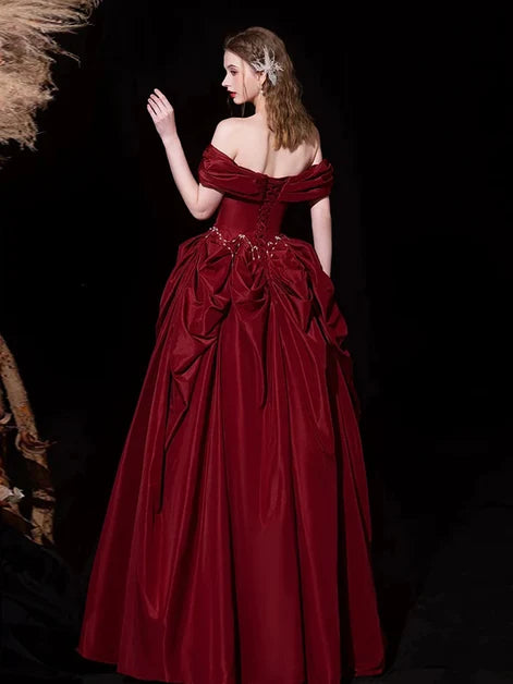 Burgundy Taffeta ball-gown off-the-shoulder lace-up-back floor-length Dress Back View - Aabei Dress