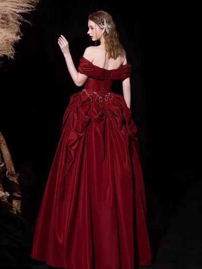 Burgundy Taffeta ball-gown off-the-shoulder lace-up-back floor-length Dress Back View - Aabei Dress