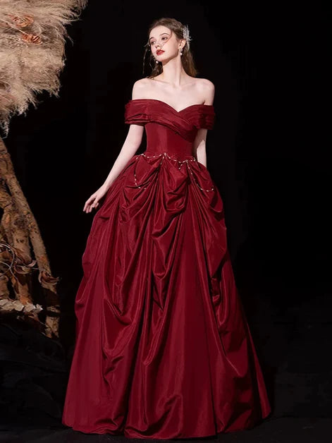 Burgundy Taffeta ball-gown off-the-shoulder lace-up-back floor-length Dress Front View - Aabei Dress