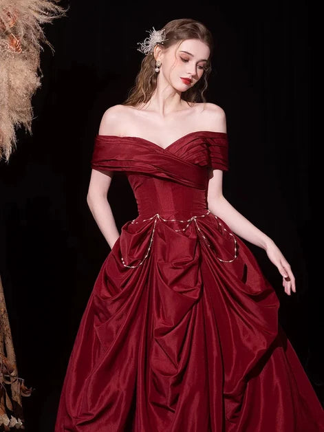Burgundy Taffeta ball-gown off-the-shoulder lace-up-back floor-length Dress - Aabei Dress