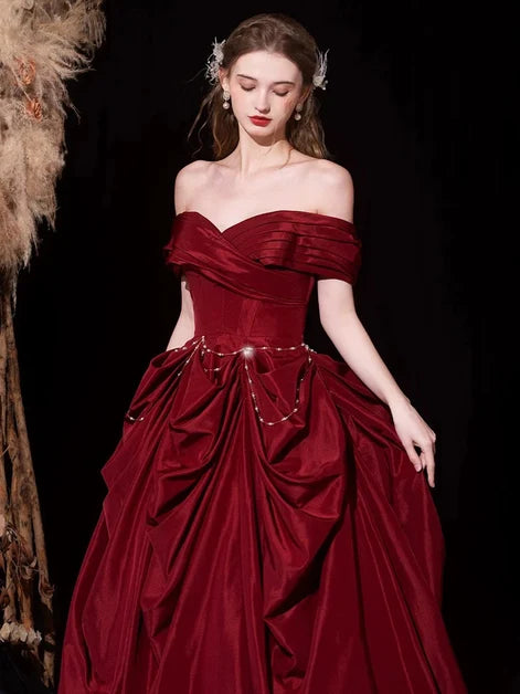 Burgundy Taffeta ball-gown off-the-shoulder lace-up-back floor-length Dress - Aabei Dress