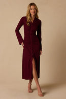 Burgundy Textured Stretch Knit Sheath V-Neck High Back Midi Dress Front View - Aabei Dress