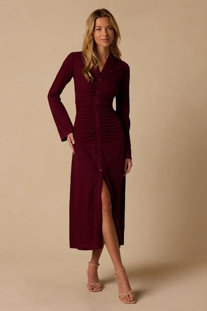 Burgundy Textured Stretch Knit Sheath V-Neck High Back Midi Dress Front View - Aabei Dress