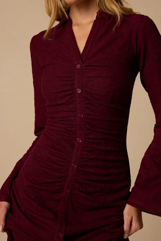 Burgundy Textured Stretch Knit Sheath V-Neck High Back Midi Dress - Aabei Dress