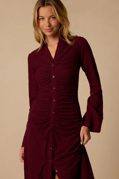 Burgundy Textured Stretch Knit Sheath V-Neck High Back Midi Dress - Aabei Dress