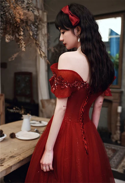 Burgundy Tulle A-Line Off-the-Shoulder Lace-up Floor-Length Dress Back View - Aabei Dress