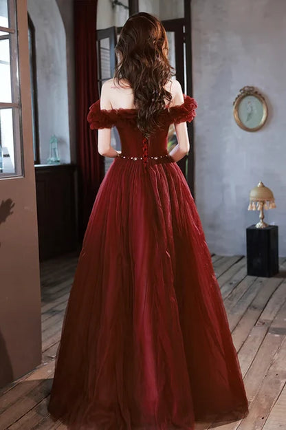 Burgundy Tulle A-Line Off-the-Shoulder Lace-up Floor-Length Dress Back View - Aabei Dress
