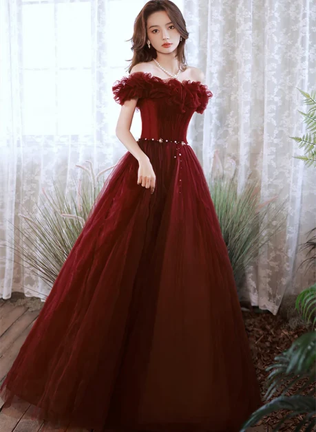 Burgundy Tulle A-Line Off-the-Shoulder Lace-up Floor-Length Dress Front View - Aabei Dress