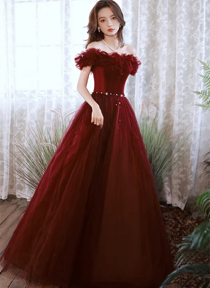 Burgundy Tulle A-Line Off-the-Shoulder Lace-up Floor-Length Dress Front View - Aabei Dress
