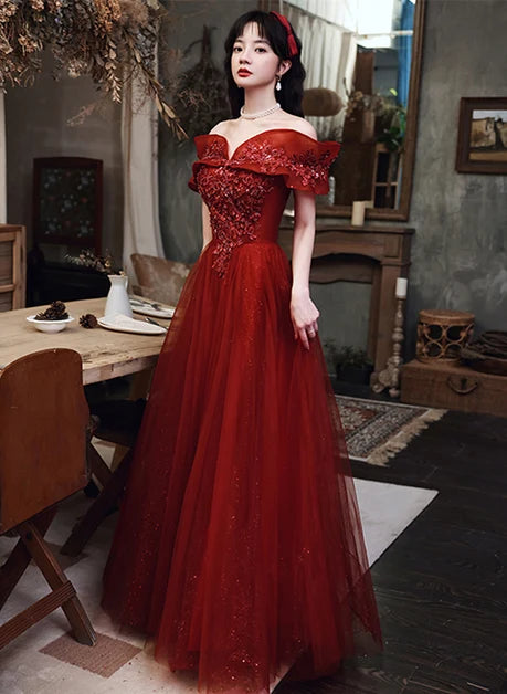 Burgundy Tulle A-Line Off-the-Shoulder Lace-up Floor-Length Dress Front View - Aabei Dress