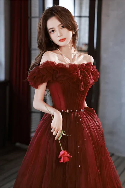 Burgundy Tulle A-Line Off-the-Shoulder Lace-up Floor-Length Dress - Aabei Dress