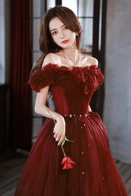 Burgundy Tulle A-Line Off-the-Shoulder Lace-up Floor-Length Dress - Aabei Dress
