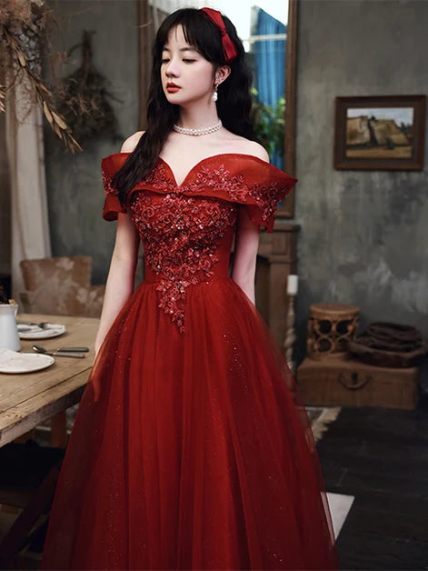 Burgundy Tulle A-Line Off-the-Shoulder Lace-up Floor-Length Dress - Aabei Dress