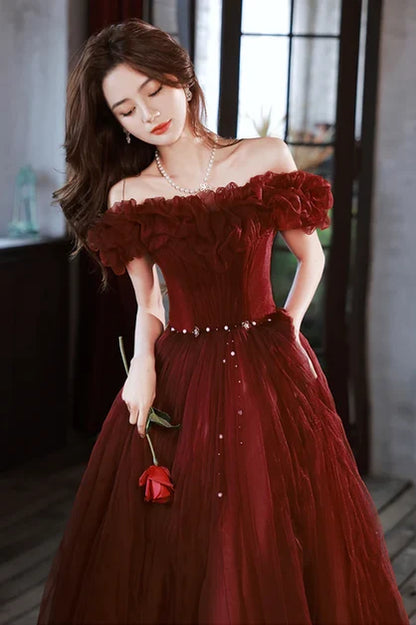 Burgundy Tulle A-Line Off-the-Shoulder Lace-up Floor-Length Dress - Aabei Dress