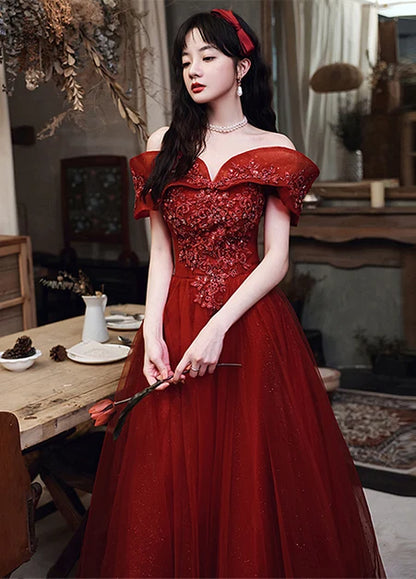 Burgundy Tulle A-Line Off-the-Shoulder Lace-up Floor-Length Dress - Aabei Dress