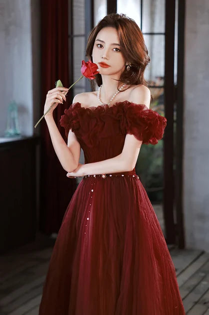 Burgundy Tulle A-Line Off-the-Shoulder Lace-up Floor-Length Dress - Aabei Dress