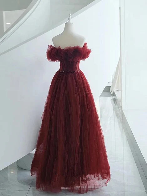Burgundy Tulle A-Line Off the Shoulder Low Back Floor-Length Dress Back View - Aabei Dress