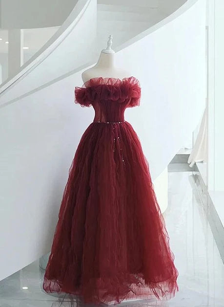 Burgundy Tulle A-Line Off the Shoulder Low Back Floor-Length Dress Front View - Aabei Dress