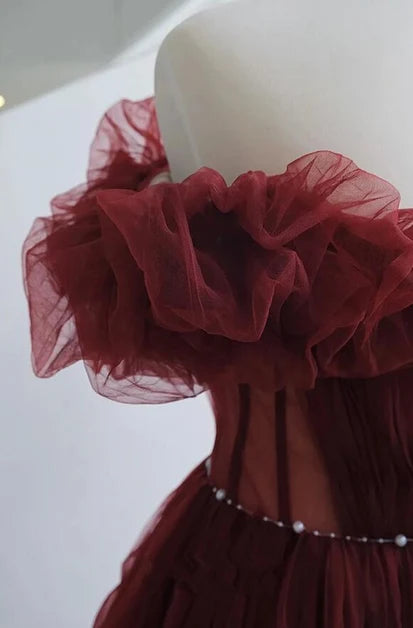 Burgundy Tulle A-Line Off the Shoulder Low Back Floor-Length Dress - Aabei Dress
