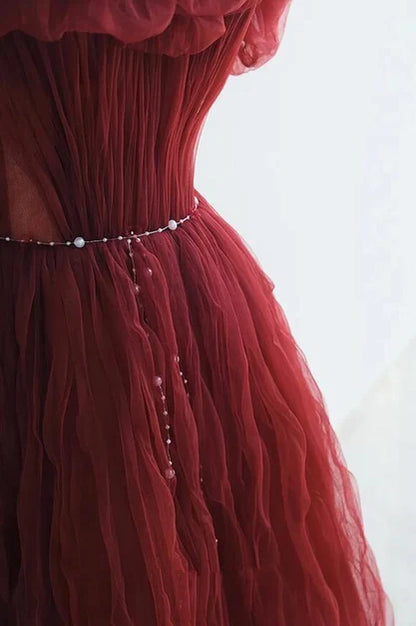 Burgundy Tulle A-Line Off the Shoulder Low Back Floor-Length Dress - Aabei Dress